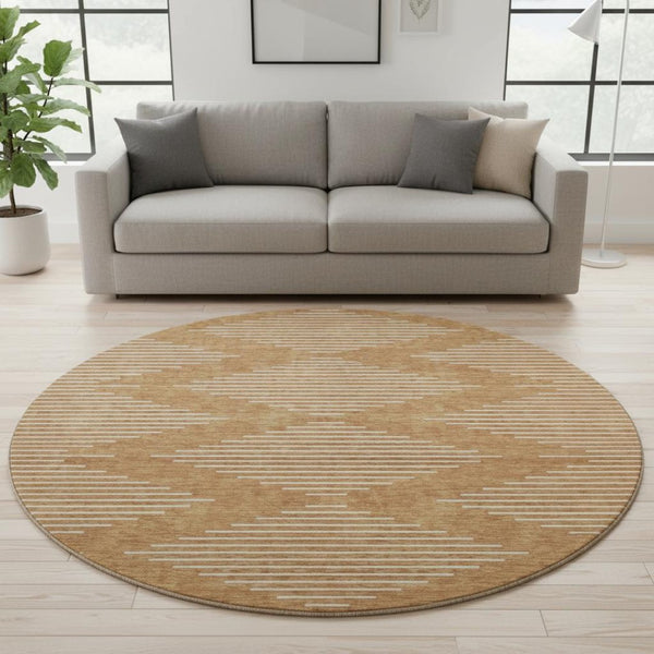 HomeRoots 8' Washable Round Rug in Rust and Beige - Stylish Geometric Design with UV Protection for Durability 679771