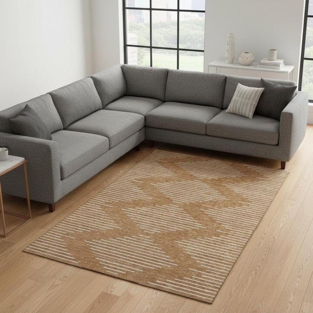 HomeRoots 10' X 14' Stylish Rust & Beige Geometric Washable Area Rug – Durable, UV Protected & Stain Resistant! 679774