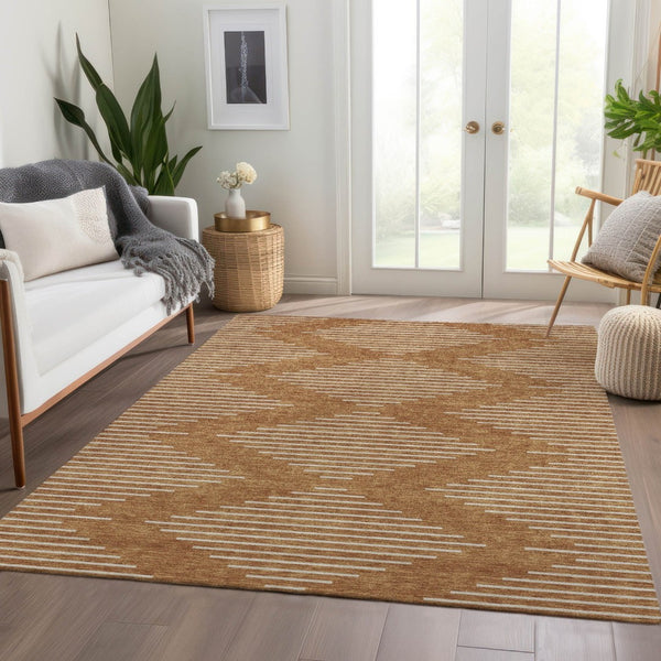 HomeRoots 10' X 14' Stylish Rust & Beige Geometric Washable Area Rug – Durable, UV Protected & Stain Resistant! 679774