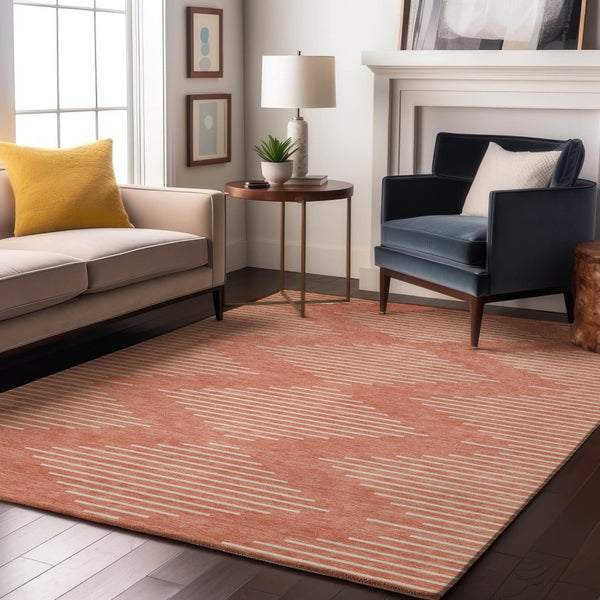 HomeRoots 5' X 8' Salmon and Ivory Geometric Area Rug - Washable, UV Protected, Stylish, and Durable Design 679776