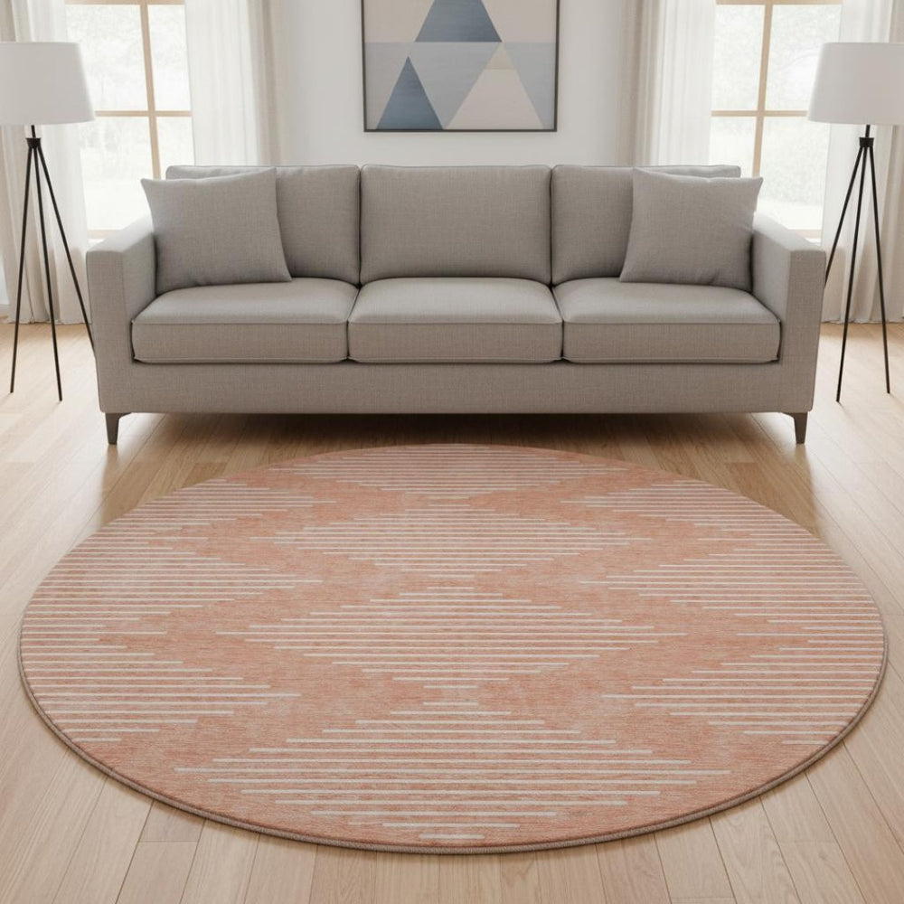 HomeRoots 8' Salmon and Ivory Geometric Round Rug - Washable, UV-Protected, Stylish Update for Any Space 679777