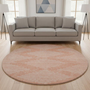 HomeRoots 8' Salmon and Ivory Geometric Round Rug - Washable, UV-Protected, Stylish Update for Any Space 679777