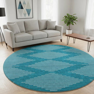 HomeRoots 8' Teal Geometric Round Rug – Stylish Washable Design with UV Protection for Modern Homes 679783