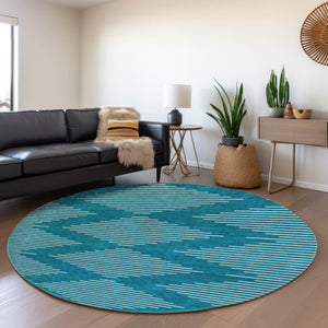 HomeRoots 8' Teal Geometric Round Rug – Stylish Washable Design with UV Protection for Modern Homes 679783