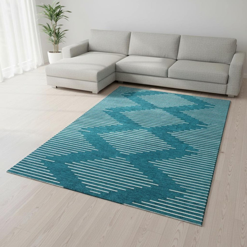 HomeRoots 9' X 12' Teal And Ivory Geometric Area Rug – Washable, UV-Resistant, Durable Design for High-Traffic Areas 679785