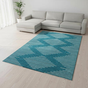 HomeRoots 9' X 12' Teal And Ivory Geometric Area Rug – Washable, UV-Resistant, Durable Design for High-Traffic Areas 679785
