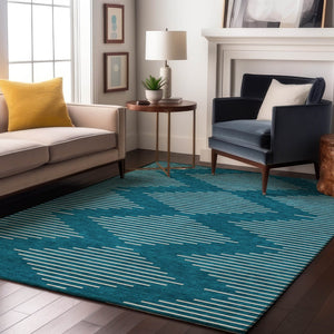 HomeRoots 9' X 12' Teal And Ivory Geometric Area Rug – Washable, UV-Resistant, Durable Design for High-Traffic Areas 679785