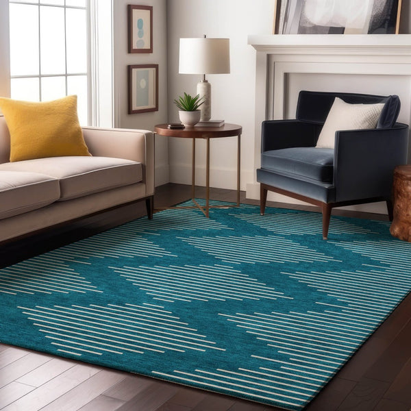 HomeRoots 9' X 12' Teal And Ivory Geometric Area Rug – Washable, UV-Resistant, Durable Design for High-Traffic Areas 679785