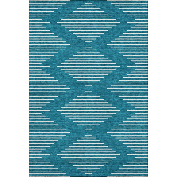 HomeRoots 9' X 12' Teal And Ivory Geometric Area Rug – Washable, UV-Resistant, Durable Design for High-Traffic Areas 679785