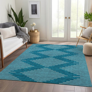 HomeRoots 9' X 12' Teal And Ivory Geometric Area Rug – Washable, UV-Resistant, Durable Design for High-Traffic Areas 679785