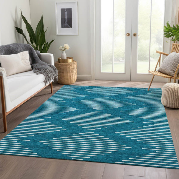 HomeRoots 9' X 12' Teal And Ivory Geometric Area Rug – Washable, UV-Resistant, Durable Design for High-Traffic Areas 679785