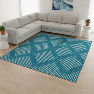 HomeRoots 10' X 14' Teal and Ivory Geometric Area Rug – Durable, Washable, UV-Protected for Busy Homes 679786