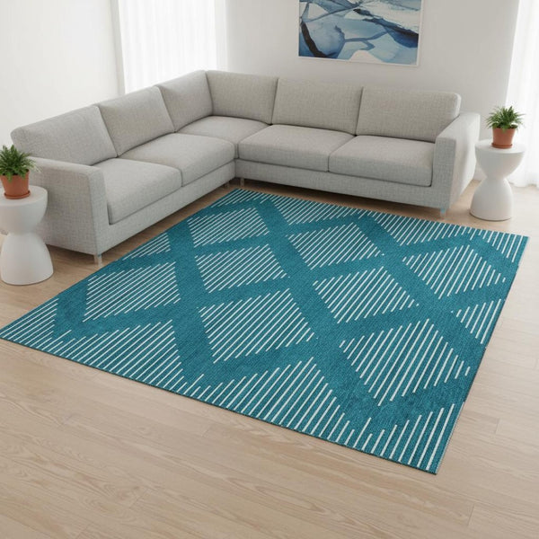 HomeRoots 10' X 14' Teal and Ivory Geometric Area Rug – Durable, Washable, UV-Protected for Busy Homes 679786