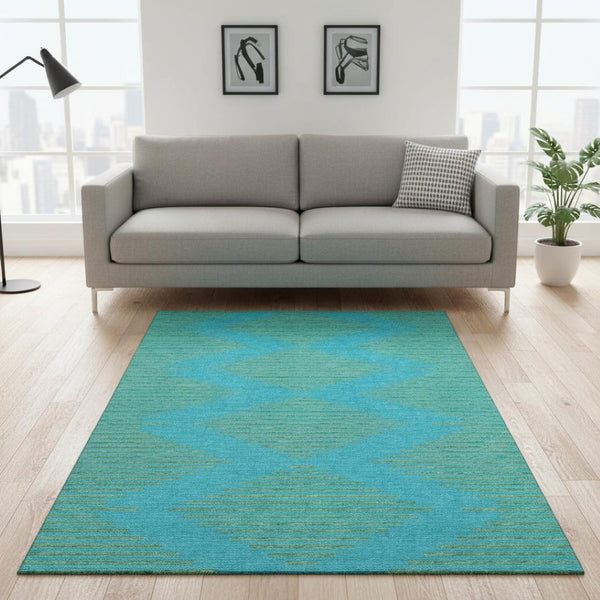 HomeRoots 5' X 8' Aqua & Lime Green Geometric Area Rug - Washable, UV Protected, Kid & Pet Friendly Design 679788