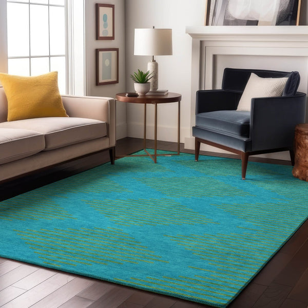 HomeRoots 5' X 8' Aqua & Lime Green Geometric Area Rug - Washable, UV Protected, Kid & Pet Friendly Design 679788