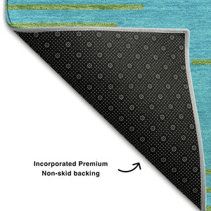 HomeRoots 5' X 8' Aqua & Lime Green Geometric Area Rug - Washable, UV Protected, Kid & Pet Friendly Design 679788