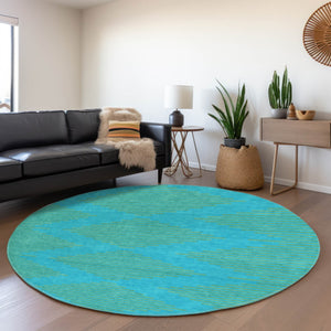 HomeRoots 8' Vibrant Aqua & Lime Green Geometric Round Rug with UV Protection – Durable & Stain-Resistant Design 679789