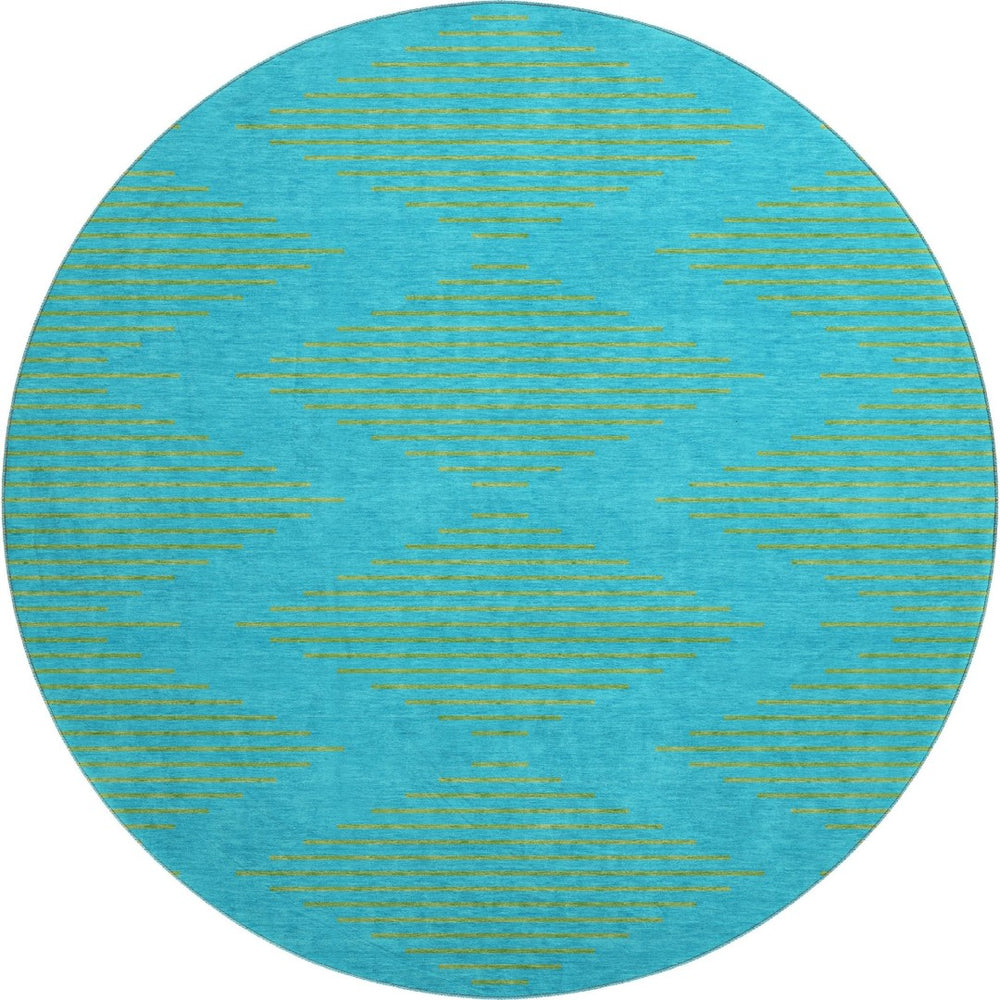 HomeRoots 8' Vibrant Aqua & Lime Green Geometric Round Rug with UV Protection – Durable & Stain-Resistant Design 679789