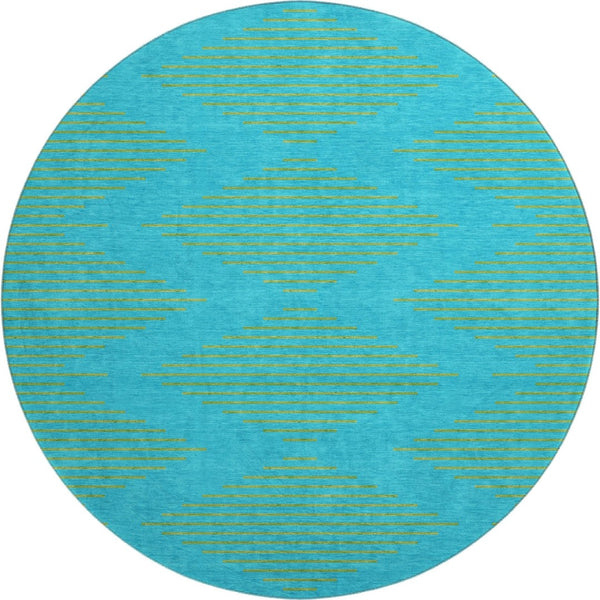 HomeRoots 8' Vibrant Aqua & Lime Green Geometric Round Rug with UV Protection – Durable & Stain-Resistant Design 679789