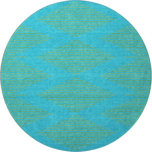 HomeRoots 8' Vibrant Aqua & Lime Green Geometric Round Rug with UV Protection – Durable & Stain-Resistant Design 679789
