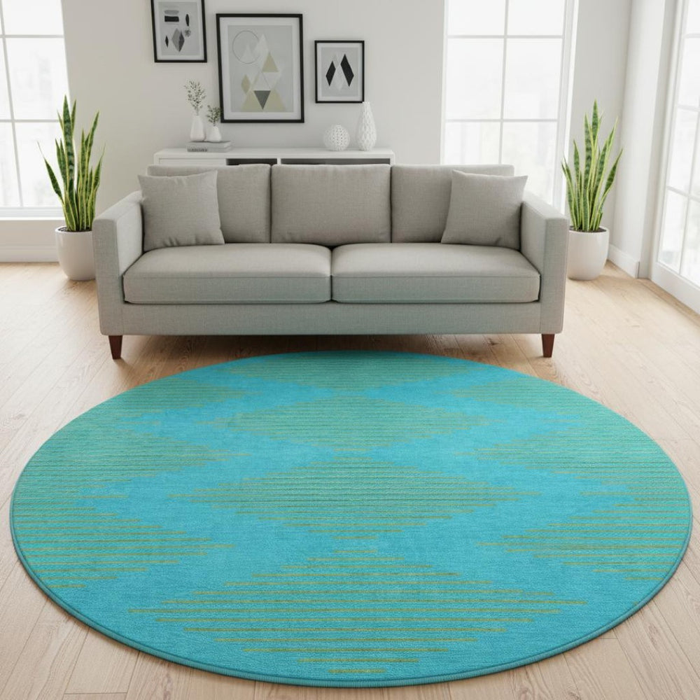 HomeRoots 8' Vibrant Aqua & Lime Green Geometric Round Rug with UV Protection – Durable & Stain-Resistant Design 679789
