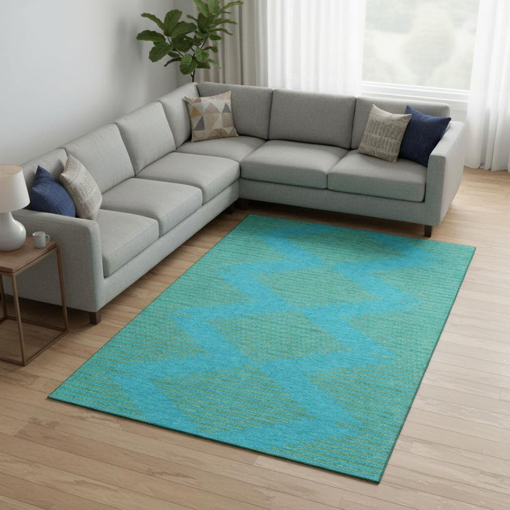 HomeRoots 8' X 10' Aqua & Lime Green Geometric Area Rug – Washable with UV Protection for Indoor & Outdoor Use 679790