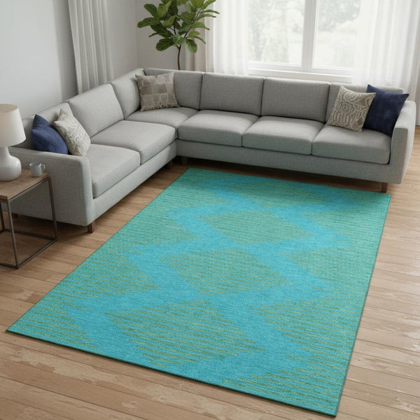 HomeRoots 9' X 12' Vibrant Aqua and Lime Green Geometric Washable Area Rug with UV Protection for Style & Durability 679791