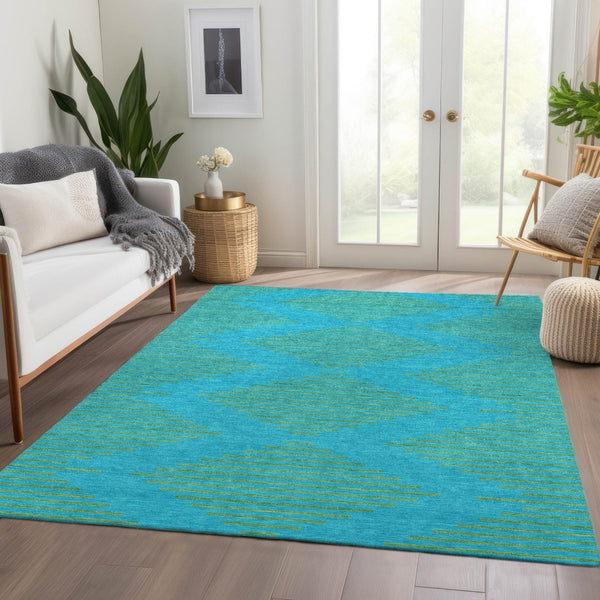 HomeRoots 10' X 14' Contemporary Aqua & Lime Green Geometric Area Rug with UV Protection & Easy Care Features 679792