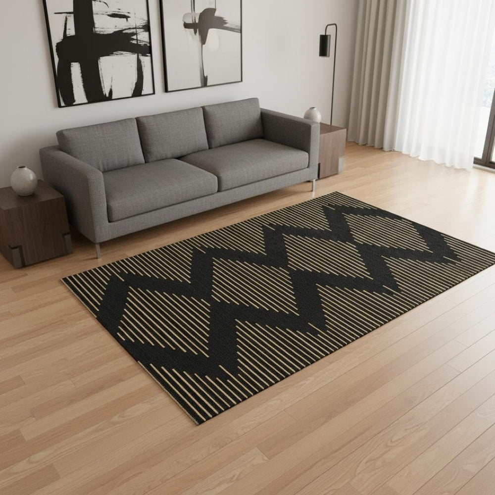 HomeRoots 5' X 8' Black And Gold Geometric Area Rug – Stylish, Washable, UV-Protected for High-Traffic Spaces 679794