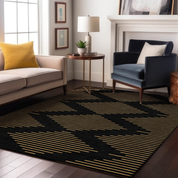 HomeRoots 5' X 8' Black And Gold Geometric Area Rug – Stylish, Washable, UV-Protected for High-Traffic Spaces 679794