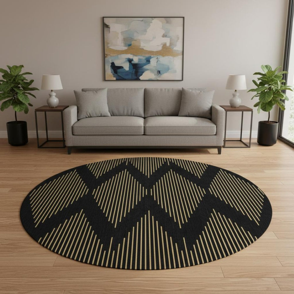 HomeRoots 8' Black and Gold Geometric Round Rug - Washable, UV Protected, Durable for High-Traffic Areas 679795