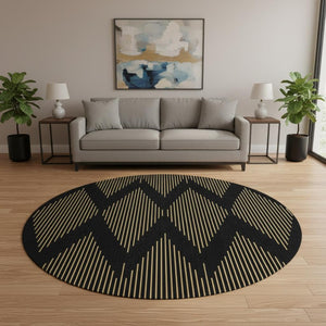 HomeRoots 8' Black and Gold Geometric Round Rug - Washable, UV Protected, Durable for High-Traffic Areas 679795