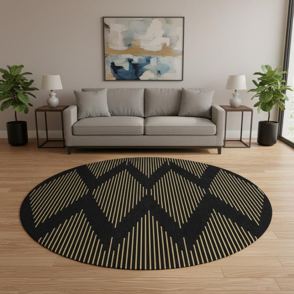 HomeRoots 8' Black and Gold Geometric Round Rug - Washable, UV Protected, Durable for High-Traffic Areas 679795