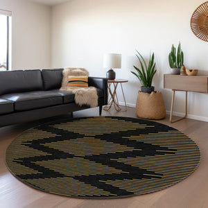 HomeRoots 8' Black and Gold Geometric Round Rug - Washable, UV Protected, Durable for High-Traffic Areas 679795