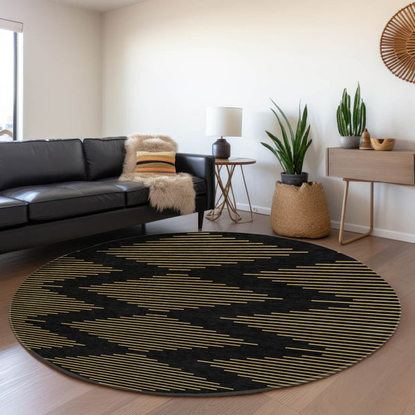 HomeRoots 8' Black and Gold Geometric Round Rug - Washable, UV Protected, Durable for High-Traffic Areas 679795