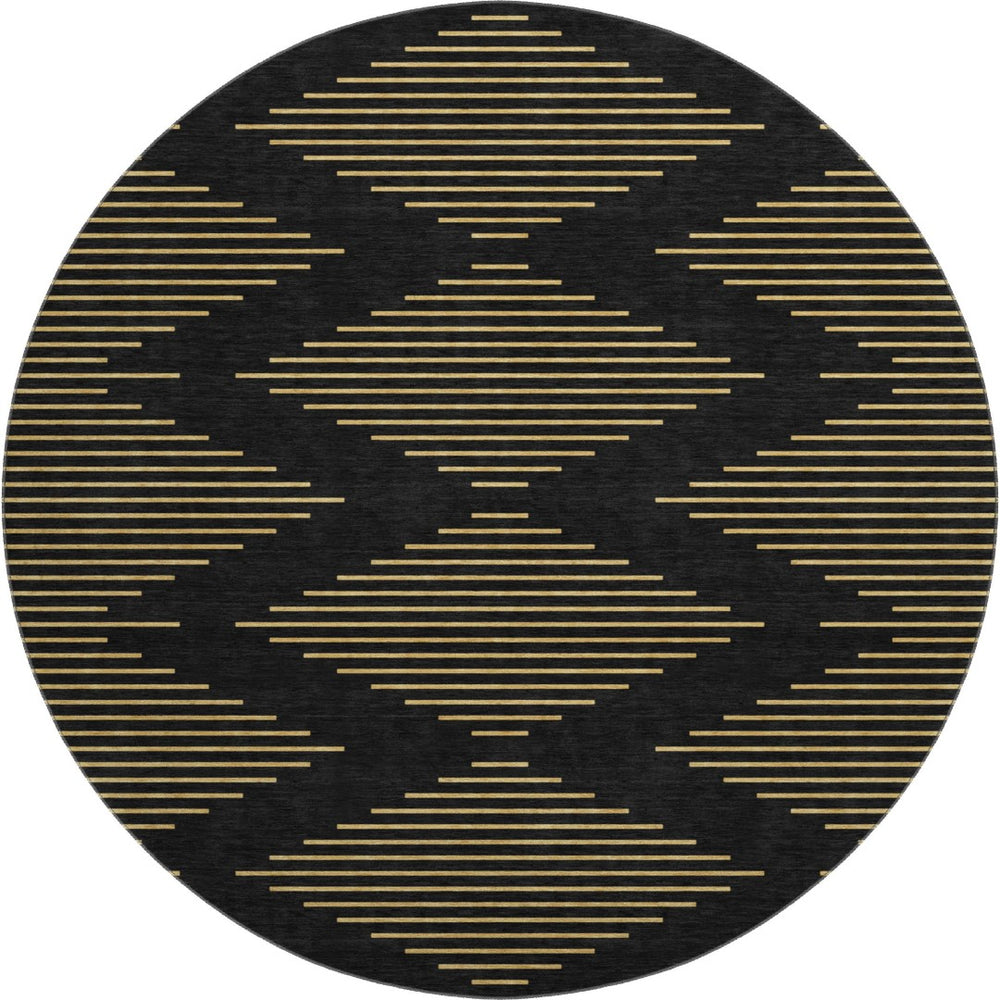 HomeRoots 8' Black and Gold Geometric Round Rug - Washable, UV Protected, Durable for High-Traffic Areas 679795