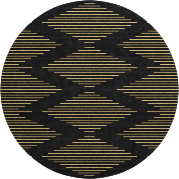 HomeRoots 8' Black and Gold Geometric Round Rug - Washable, UV Protected, Durable for High-Traffic Areas 679795