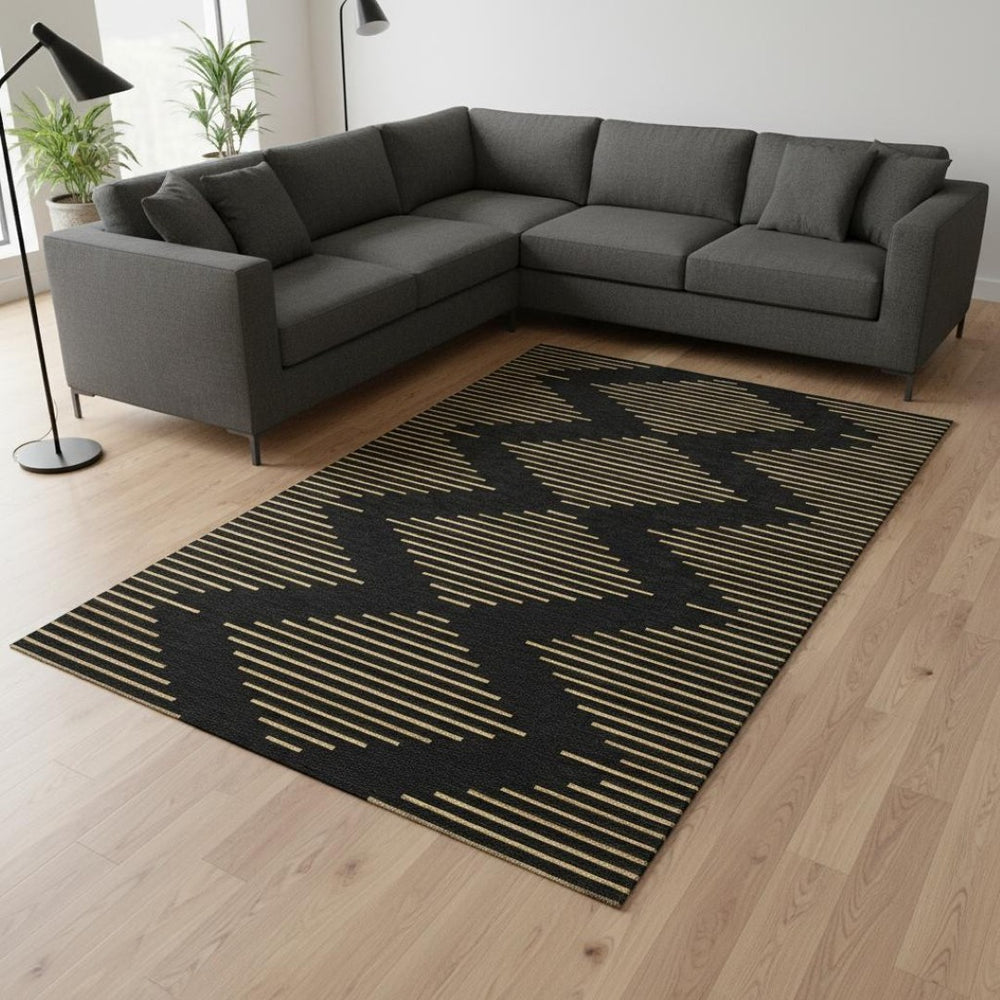 HomeRoots 8' X 10' Black and Gold Geometric Area Rug - Washable, Stain-Resistant, UV-Protected for Modern Spaces 679796