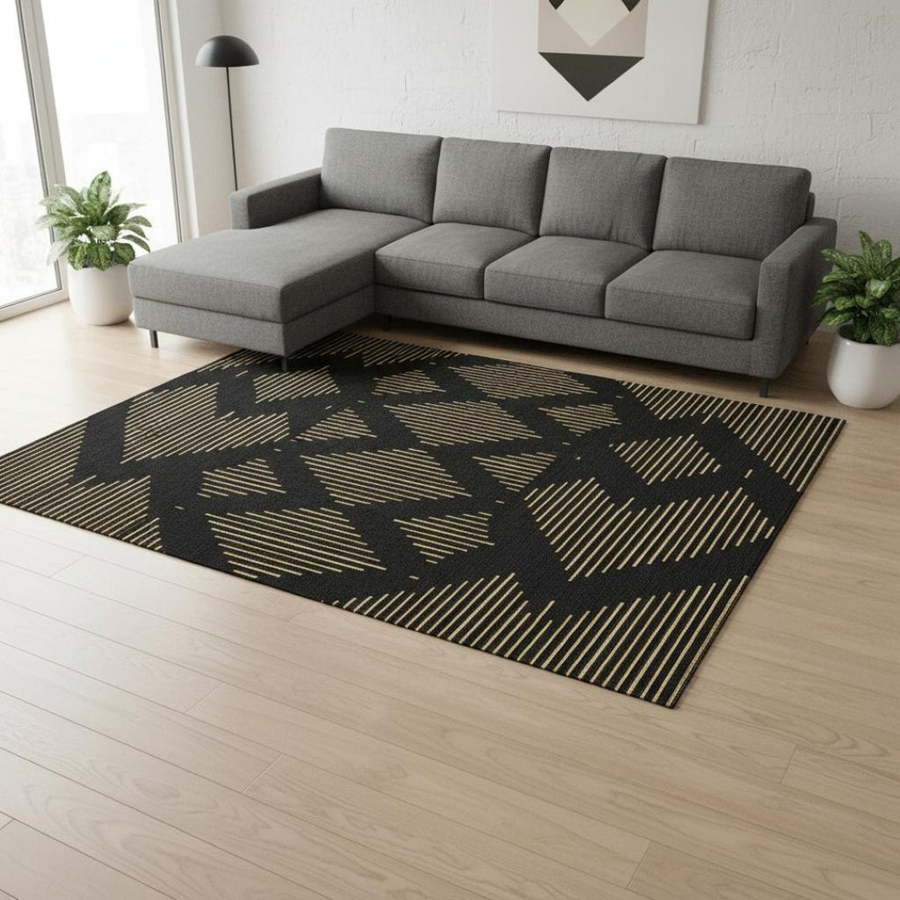 HomeRoots 9' X 12' Black and Gold Geometric Area Rug - Stylish, Washable, UV-Protected for High-Traffic Spaces 679797