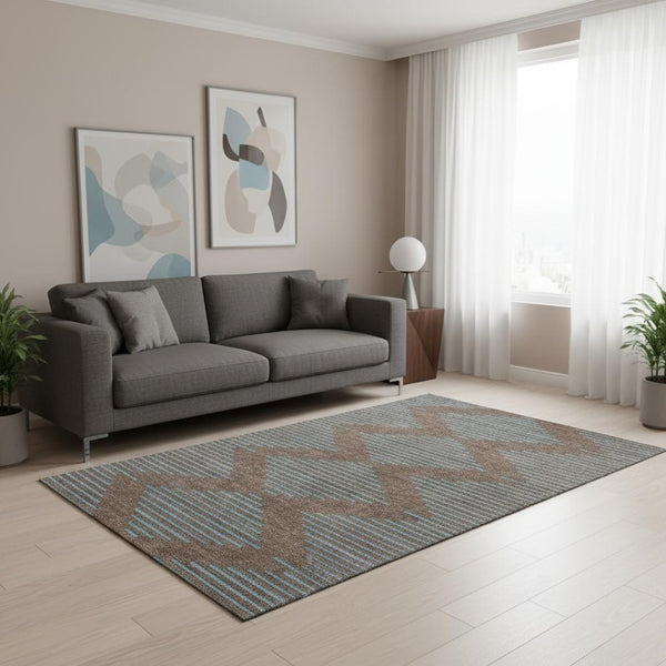 HomeRoots 5' X 8' Stylish Brown and Sky Blue Geometric Washable Area Rug with UV Protection for Modern Spaces 679800