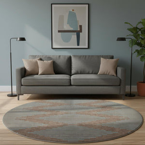 HomeRoots 8' Brown and Sky Blue Geometric Washable Round Rug - Durable, UV-Protected, Stylish for Any Space 679801