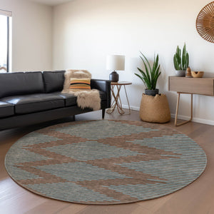 HomeRoots 8' Brown and Sky Blue Geometric Washable Round Rug - Durable, UV-Protected, Stylish for Any Space 679801