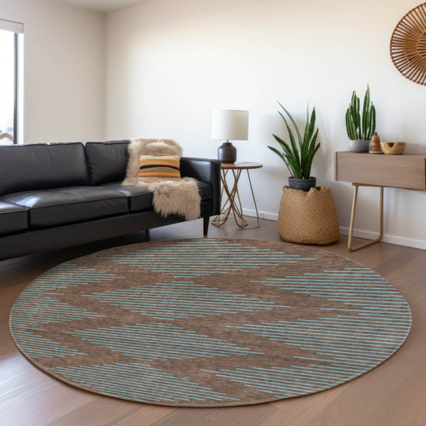 HomeRoots 8' Brown and Sky Blue Geometric Washable Round Rug - Durable, UV-Protected, Stylish for Any Space 679801