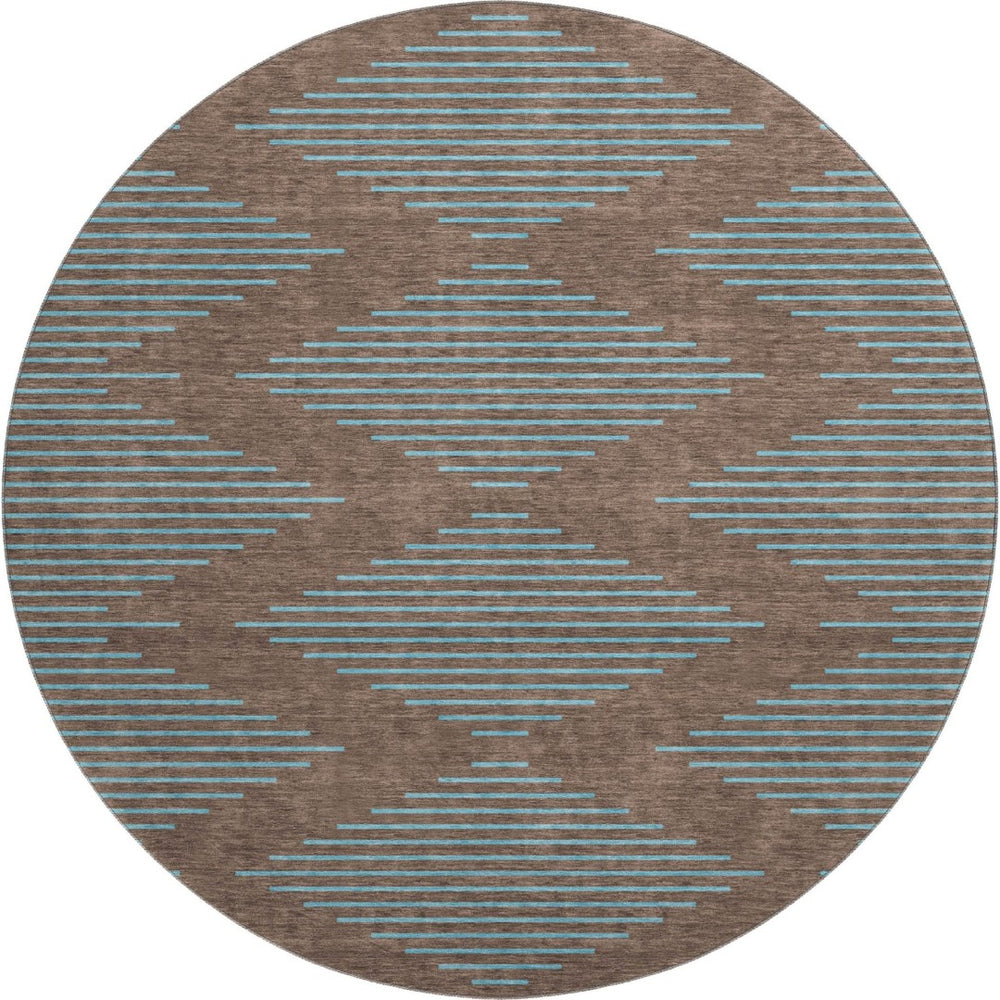 HomeRoots 8' Brown and Sky Blue Geometric Washable Round Rug - Durable, UV-Protected, Stylish for Any Space 679801
