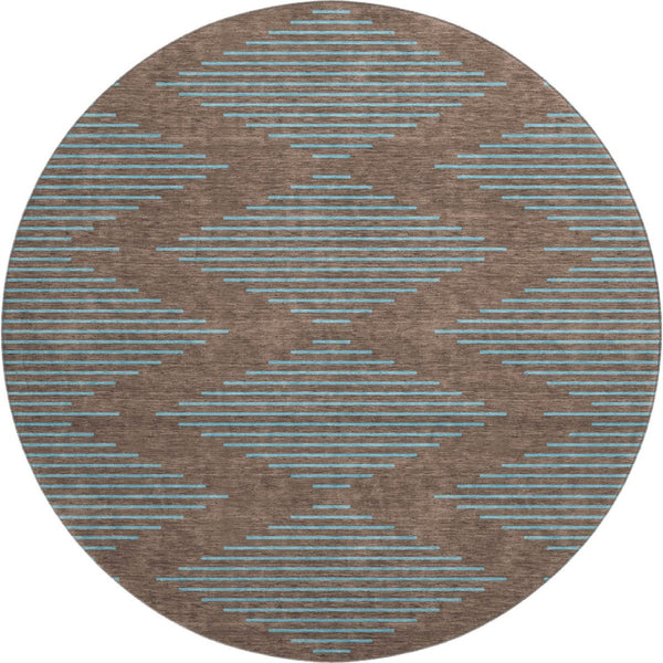 HomeRoots 8' Brown and Sky Blue Geometric Washable Round Rug - Durable, UV-Protected, Stylish for Any Space 679801