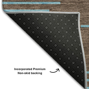 HomeRoots 8' Brown and Sky Blue Geometric Washable Round Rug - Durable, UV-Protected, Stylish for Any Space 679801