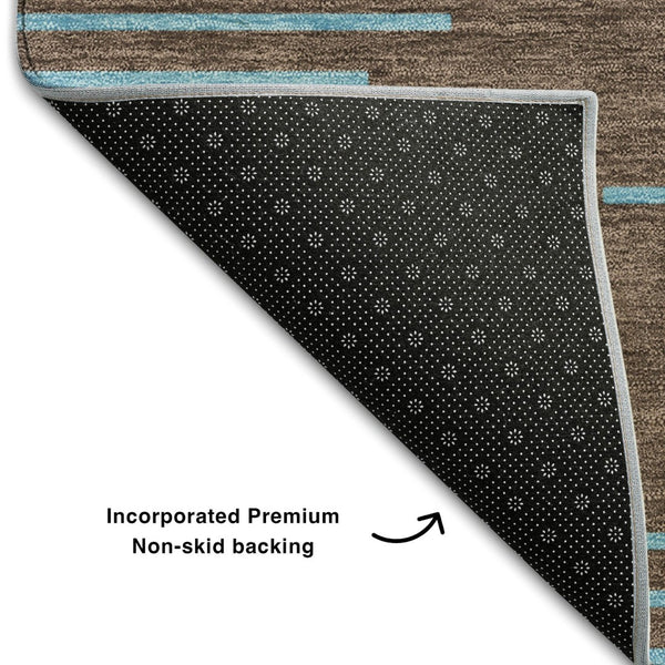 HomeRoots 8' Brown and Sky Blue Geometric Washable Round Rug - Durable, UV-Protected, Stylish for Any Space 679801
