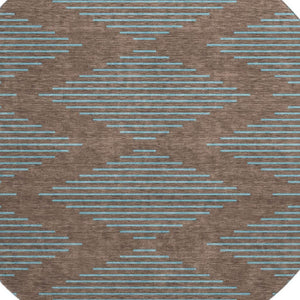 HomeRoots 8' Brown and Sky Blue Geometric Washable Round Rug - Durable, UV-Protected, Stylish for Any Space 679801