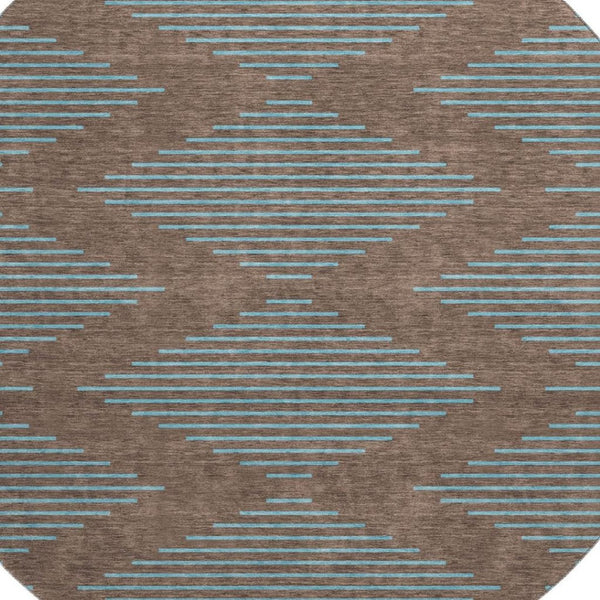 HomeRoots 8' Brown and Sky Blue Geometric Washable Round Rug - Durable, UV-Protected, Stylish for Any Space 679801