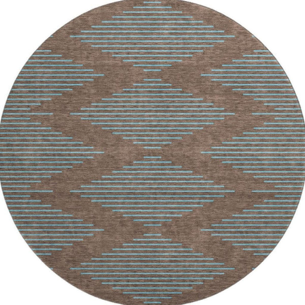 HomeRoots 8' Brown and Sky Blue Geometric Washable Round Rug - Durable, UV-Protected, Stylish for Any Space 679801